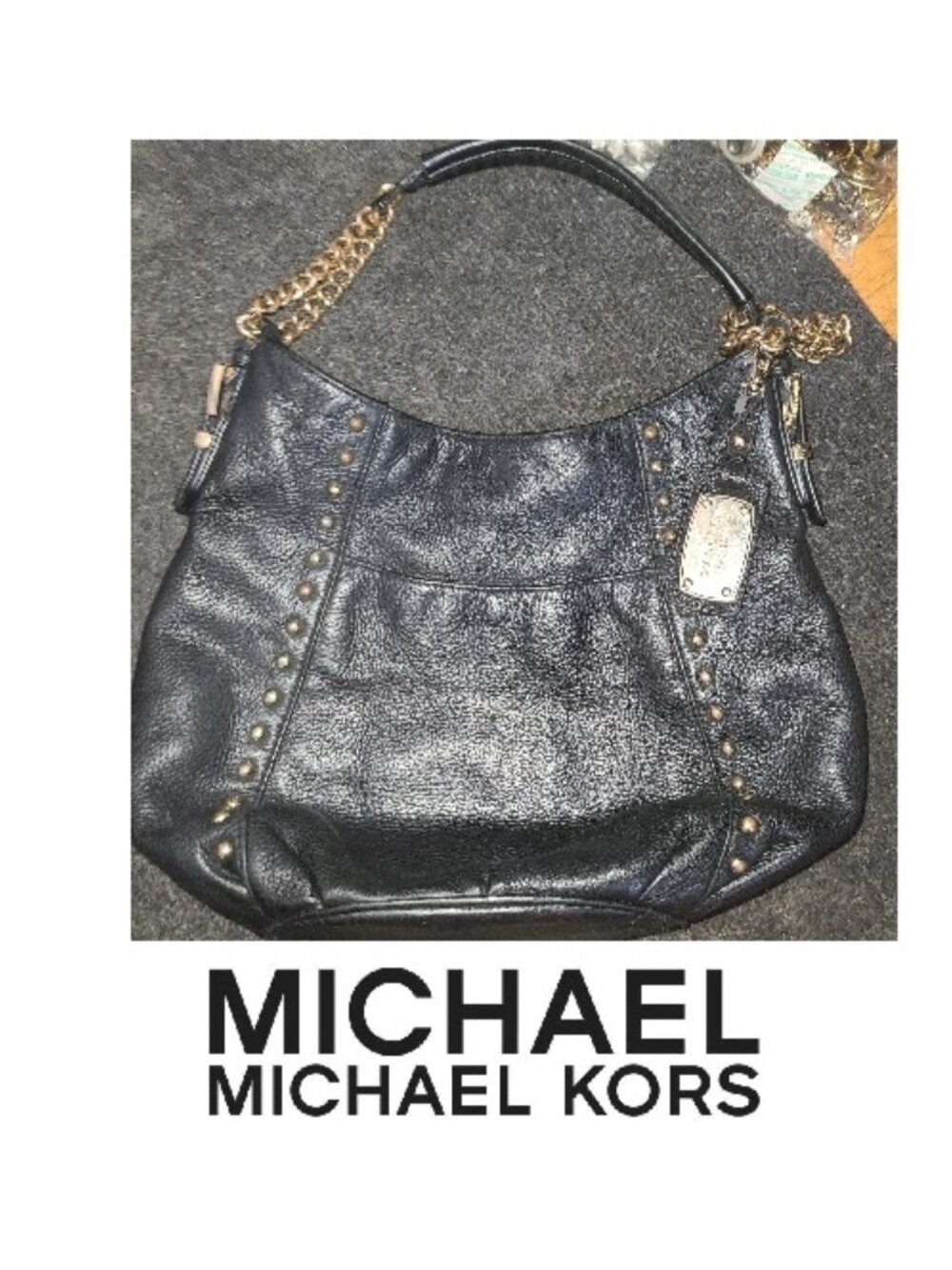 $358 Michael Kors Black Pebbled Leather Studded Medium Hobo Shoulder Bag Purse